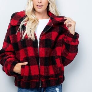 Women’s Sweet Lovely Vibrant Red and Deep Black Plaid Sherpa Jacket